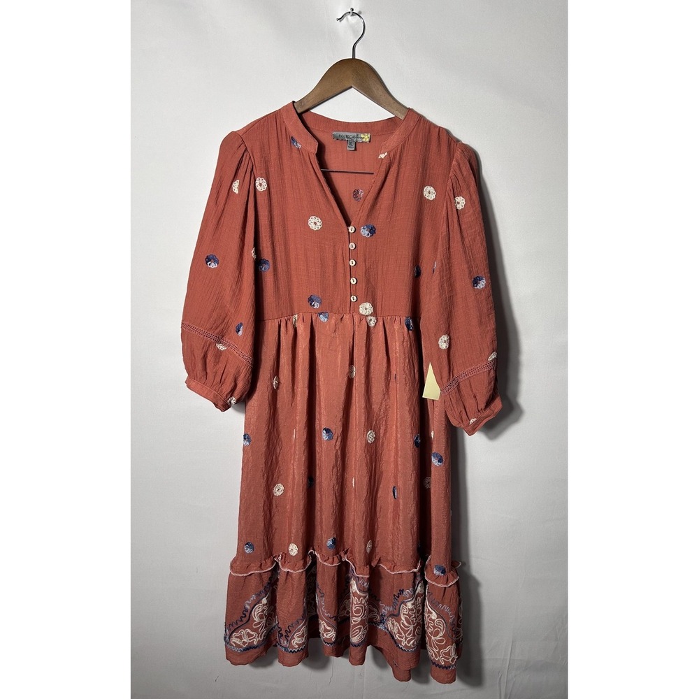 Figueroa & Flower Dress Womens XL Orange Floral Embroidered Boho Henley Midi